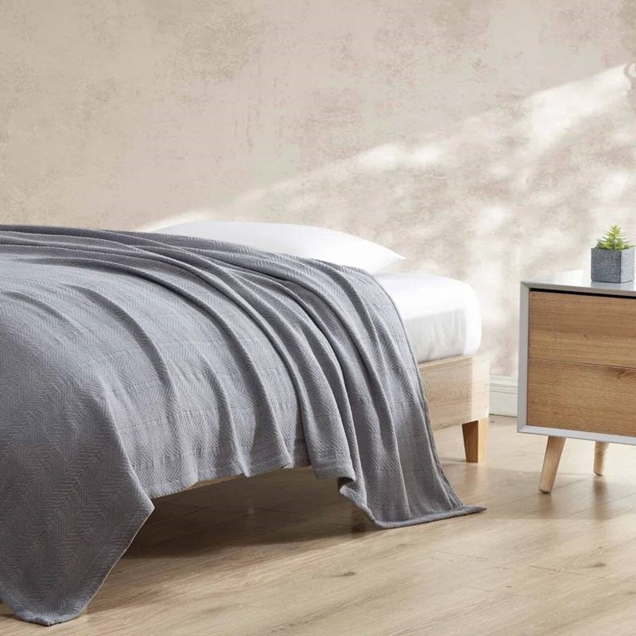 Twin Size Grey Cotton Blanket Lightweight Knitted Throw Reversible Striped Cozy Bed Cover